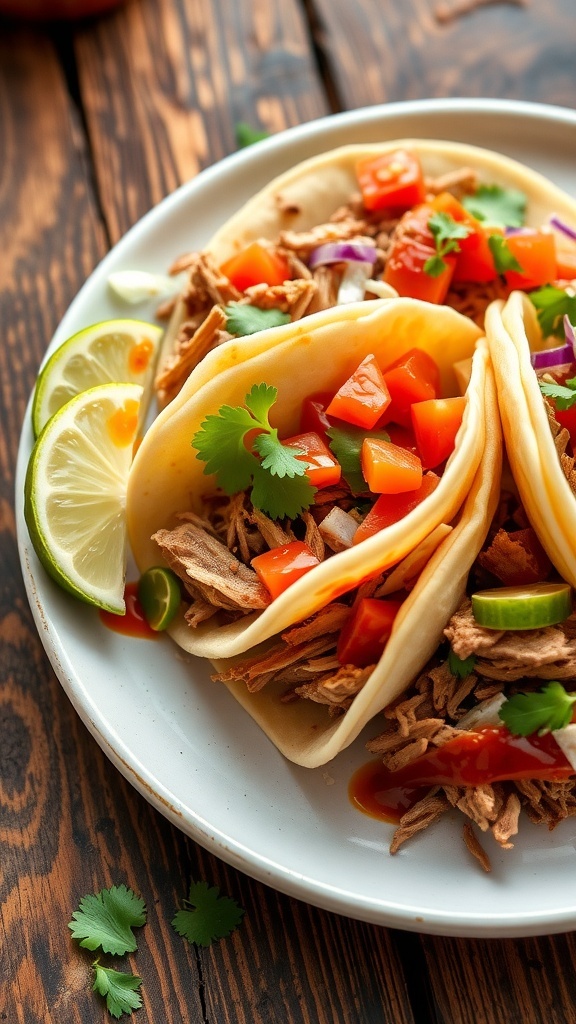 Spicy Duck Zombie Tacos Recipe Spicy duck tacos with cabbage, tomatoes, and cilantro on a wooden table.
